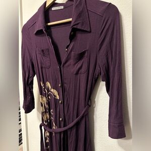 Purple Button-Up Dress with Gold Floral Design